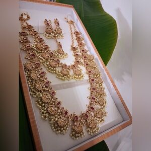 Brand NEW Elegant South Asian Bridal Set with AD, Ruby Accents and Pearled Drops